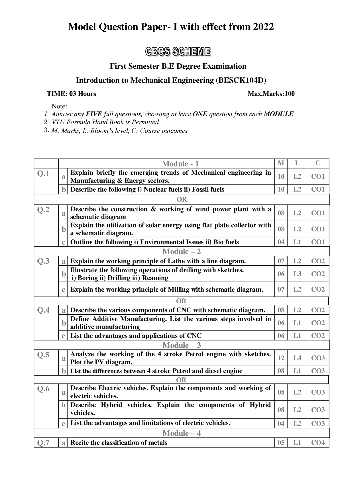 Besck 104Dset1 - MODEL PAPER - Model Question Paper- I With Effect From ...