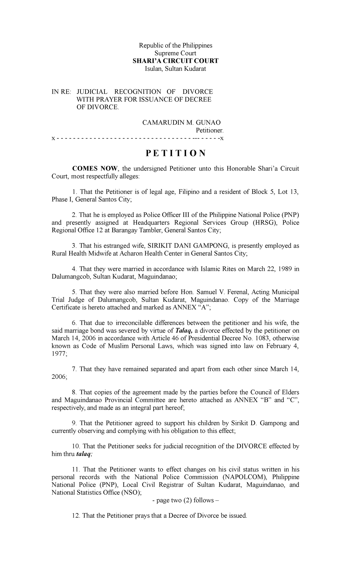 Divorce Shariah ( Sample 2) - Republic of the Philippines Supreme Court ...