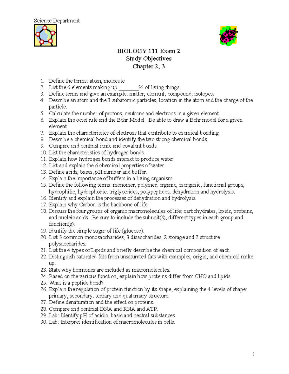 Objectives Exam 2 - jjjjj - Science Department BIOLOGY 111 Exam 2 Study ...