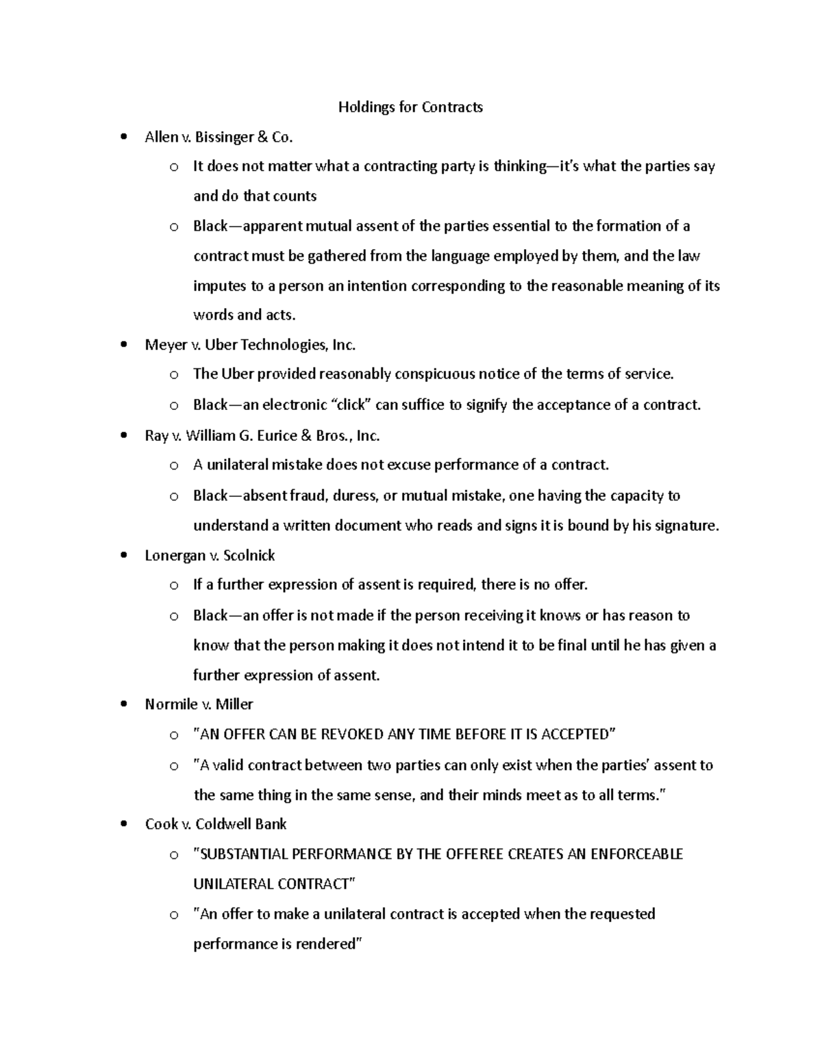 Holding's for Contracts - Holdings for Contracts Allen v. Bissinger ...