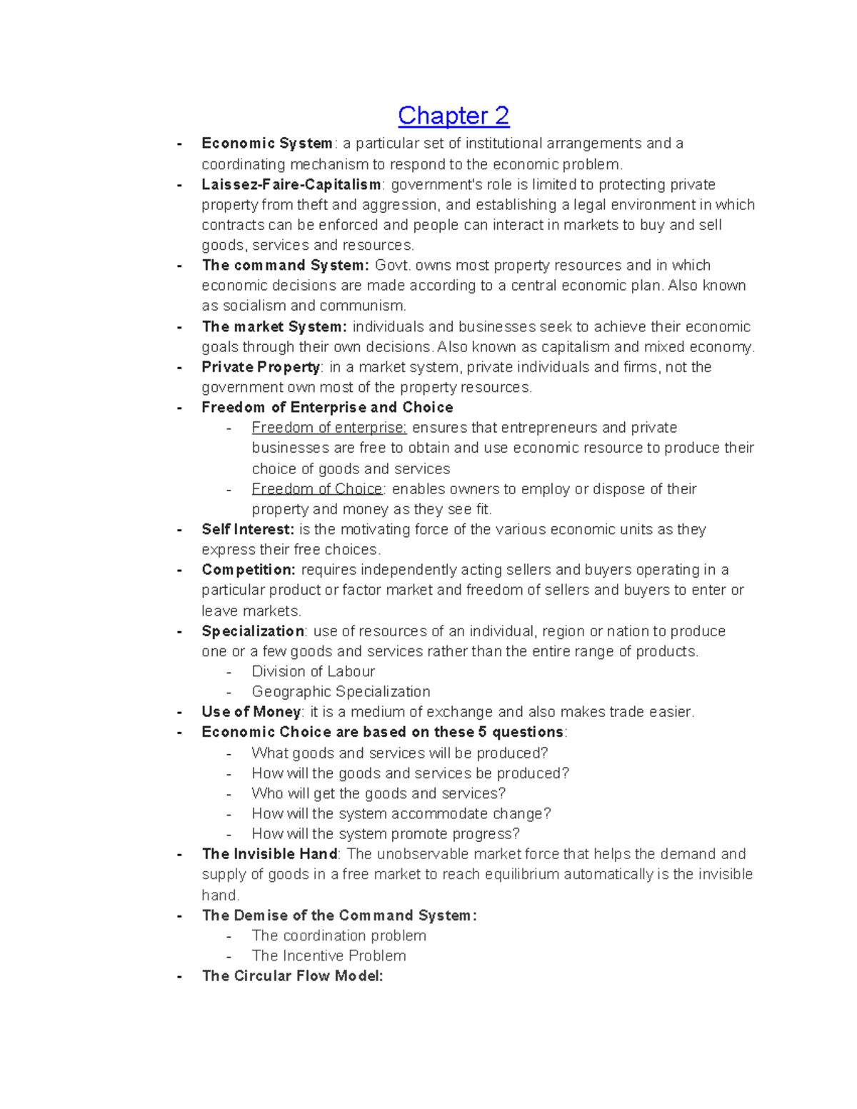 Economic Notes Chapter 2 - Chapter 2 Economic System: a particular set ...