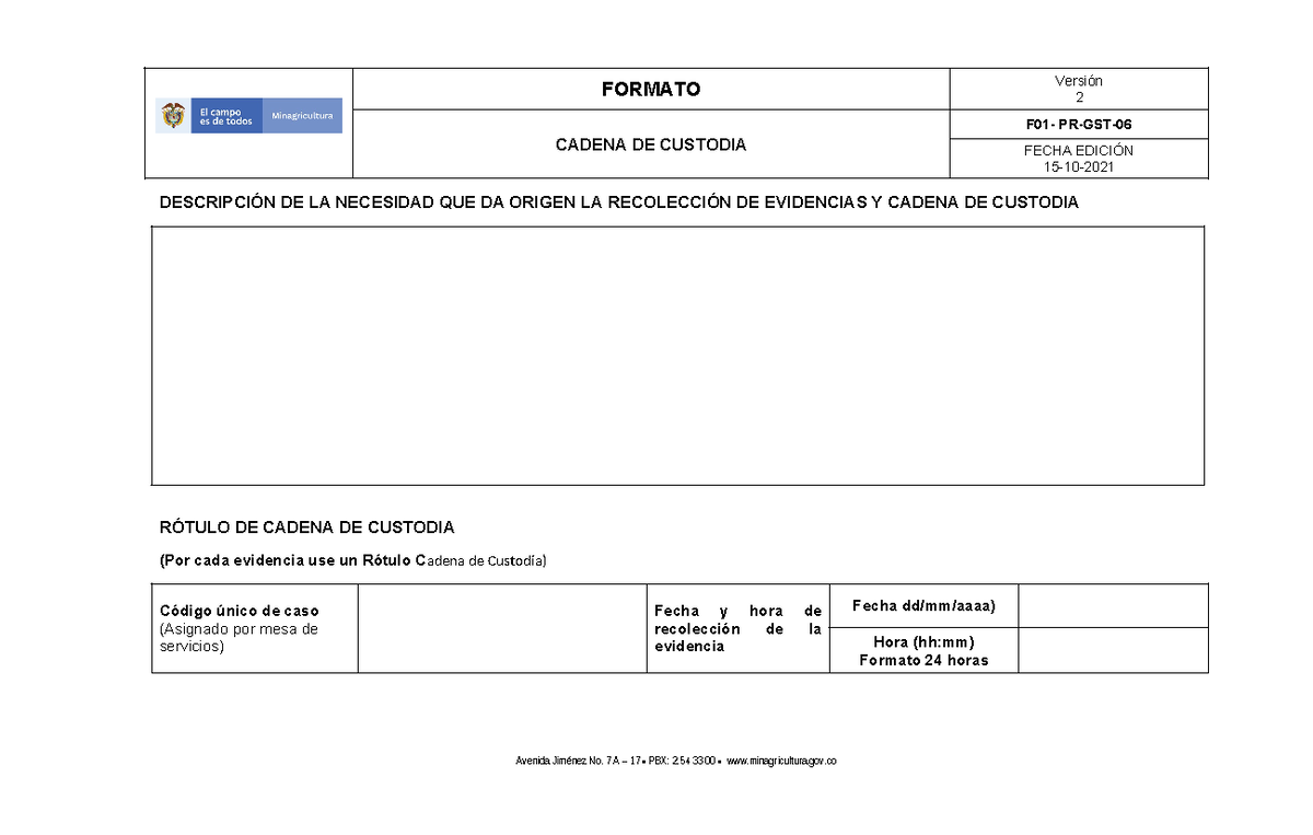 Formato Cadena de Custodia V2 - FORMATO 2 CADENA DE CUSTODIA F01- PR ...