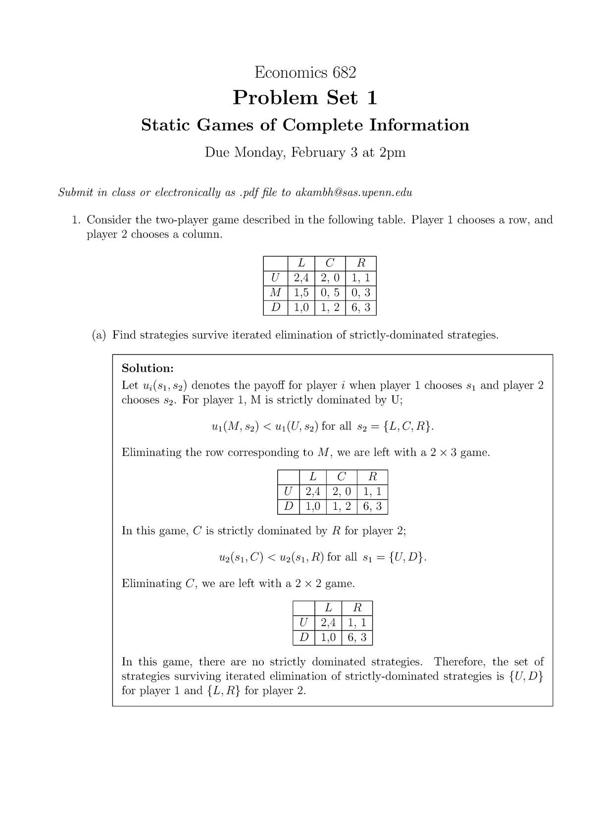 Solved Q1. (Chap 1: Game Theory.) In the simultaneous games