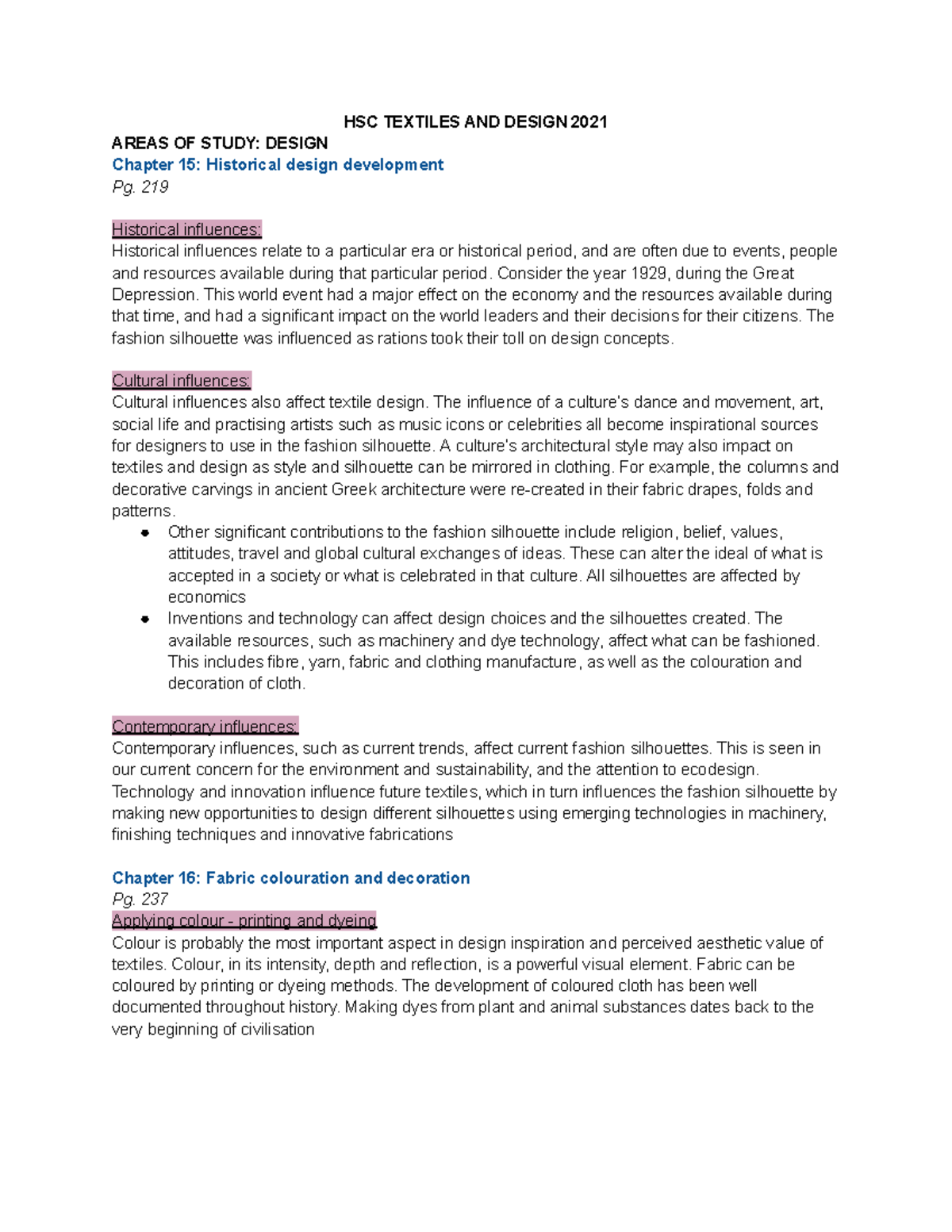 HSC Textiles AND Design 2021 HSC TEXTILES AND DESIGN 2021 AREAS OF