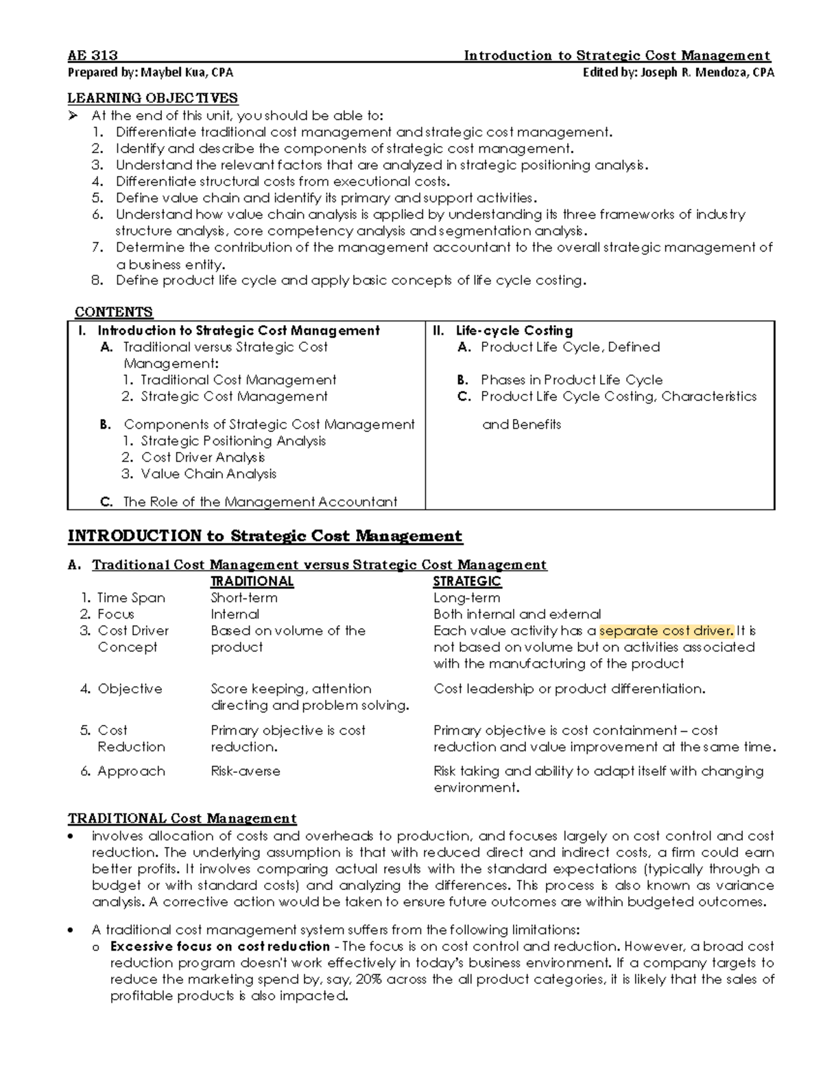 Unit 1 Introduction to Strategic Cost Management - Prepared by: Maybel ...
