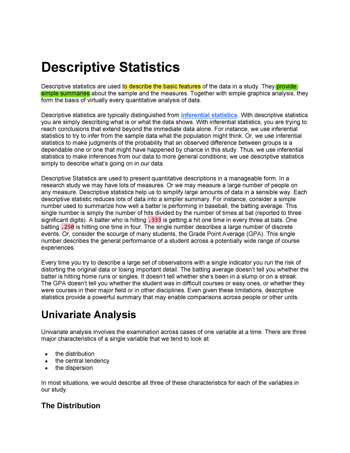 How To Describe Descriptive Statistics Table