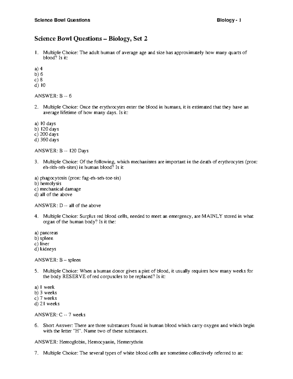 Biology Science Quiz and Answers Science Bowl Questions Biology