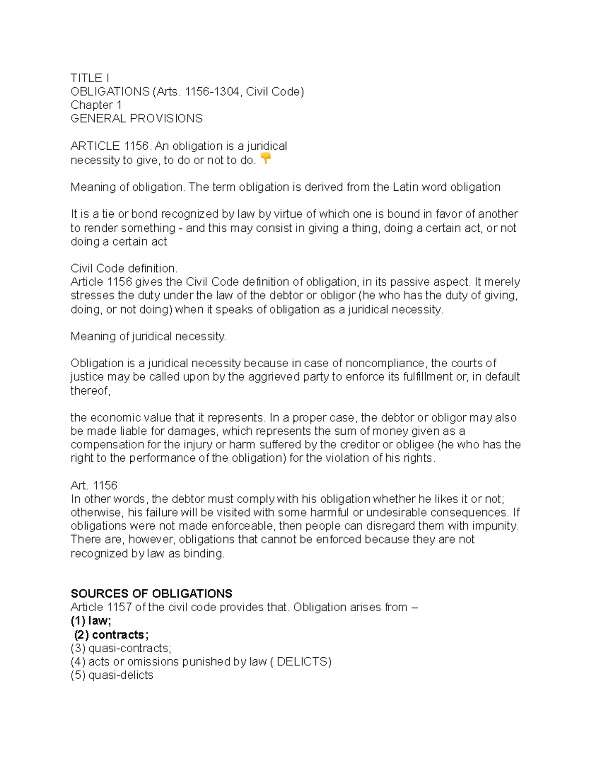 Business LAW Reviewer TITLE I OBLIGATIONS Arts 1156 1304 Civil