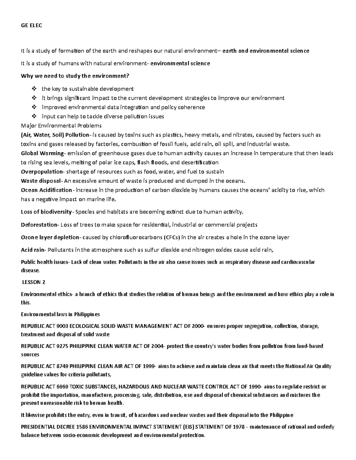 GE ELEC1 Envi. Science Prelim Reviewer - GE ELEC It is a study of ...