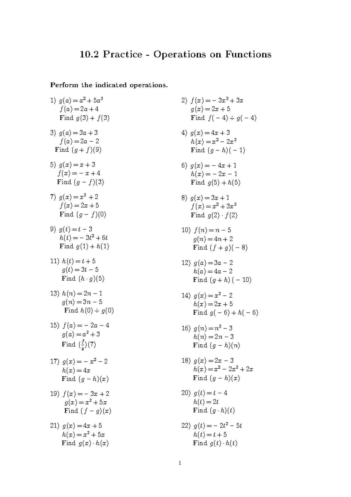 10.2 Function Algebra Practice - 10 Practice - Operations on Functions ...