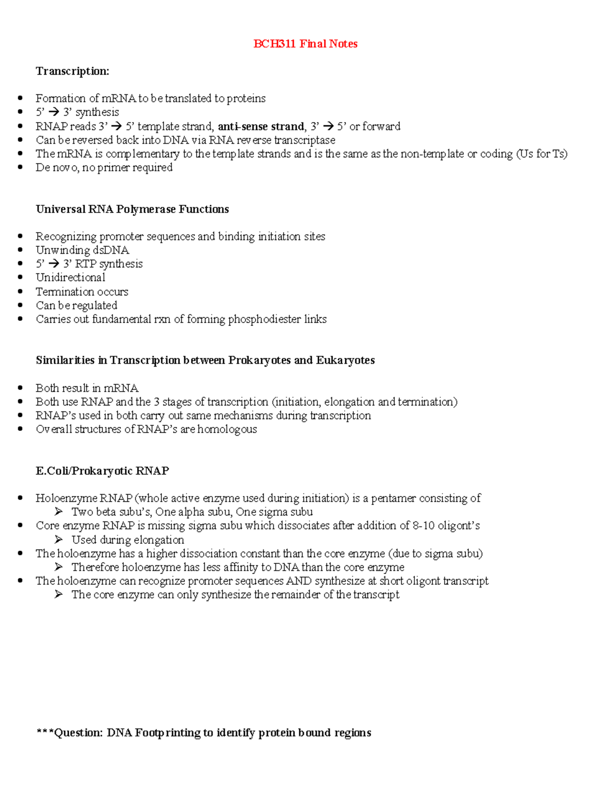 Summary - Final Notes - BCH311 Final Notes Transcription: Formation of ...