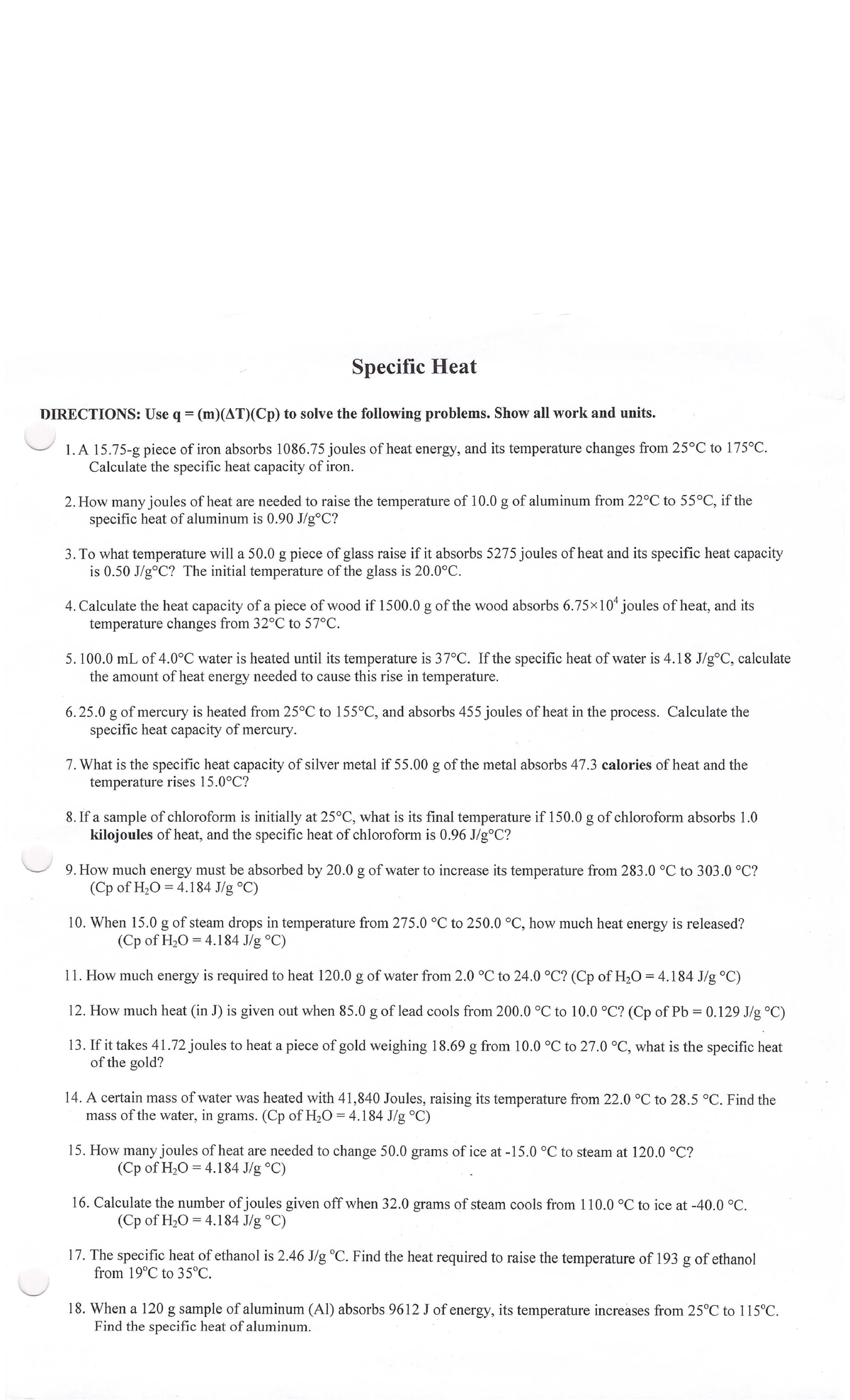 Specific heat capacity questions and answers CHEM 111 Studocu