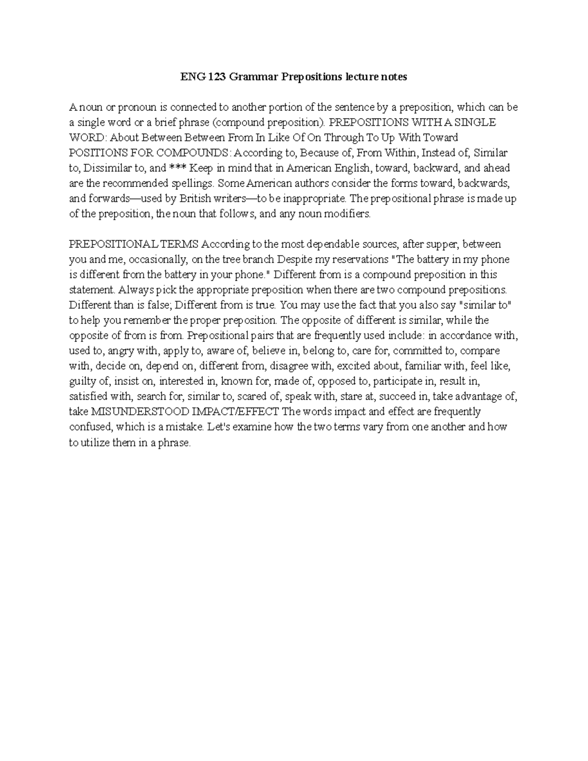 ENG 123 Grammar Prepositions lecture notes - PREPOSITIONS WITH A SINGLE ...