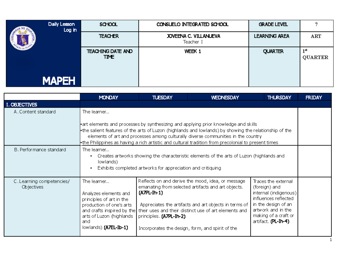 Q1 Grade 7 ARTS DLL Week 1 - Daily Lesson Log in MAPEH SCHOOL CONSUELO ...