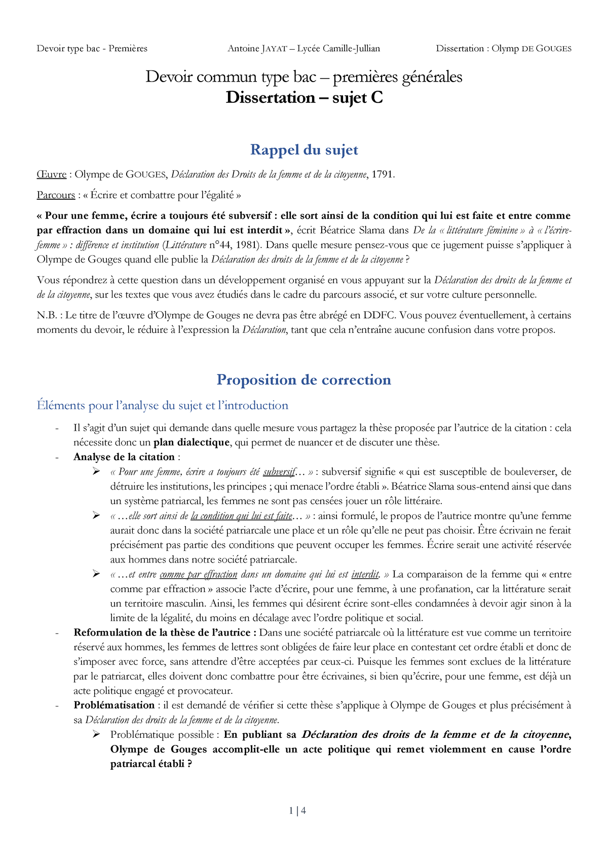 sujet dissertation olympe de gouges