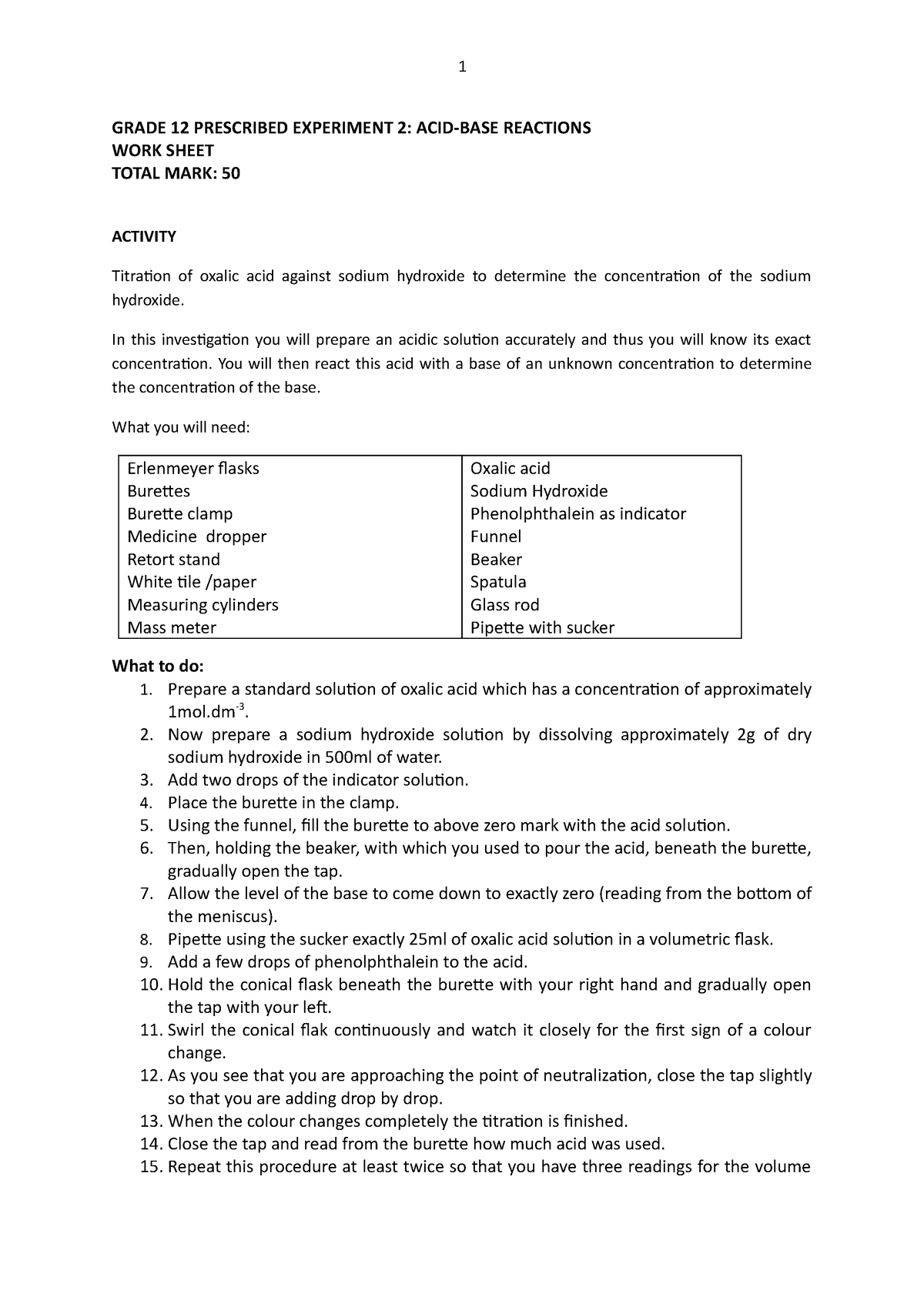 Titration GRADE 12 PRESCRIBED EXPERIMENT 2 ACIDBASE REACTIONS WORK