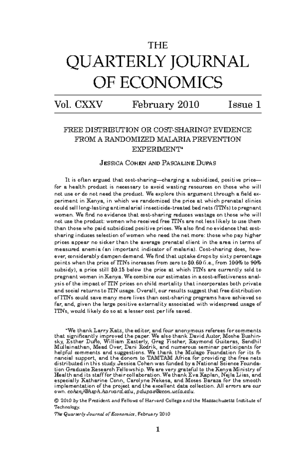 Cohen qje 2010 rty fds THE QUARTERLY JOURNAL OF ECONOMICS Vol. CXXV February 2010 Issue 1