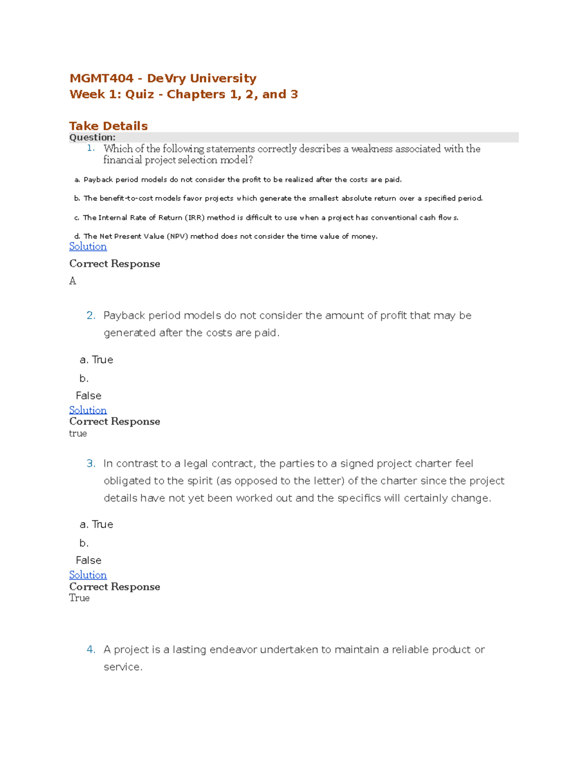 MGMT404 Week 1- Quiz - Chapters 1, 2, And 3 - MGMT404 - DeVry ...