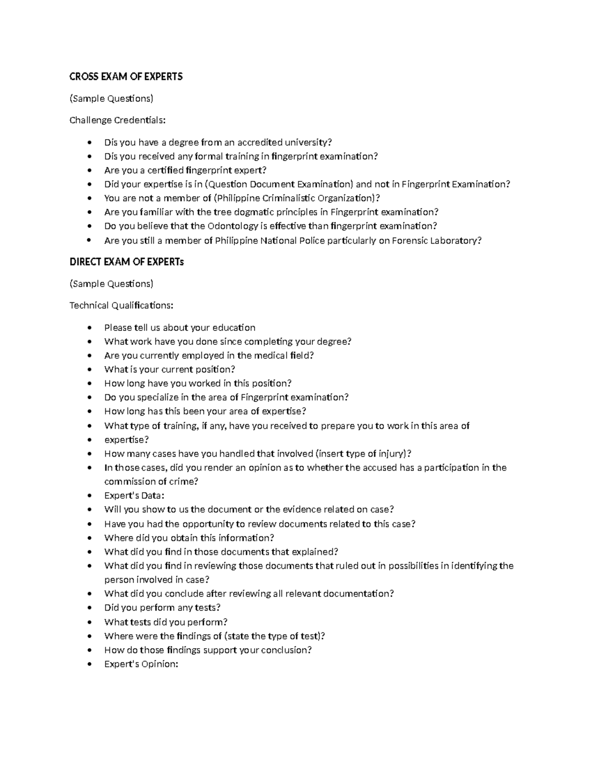 Guide for Mock Trial in Fingerprint Experts - CROSS EXAM OF EXPERTS ...