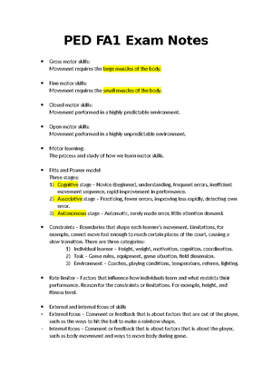 PED FA1 exam notes - PED FA1 Exam Notes Gross motor skills: Movement ...