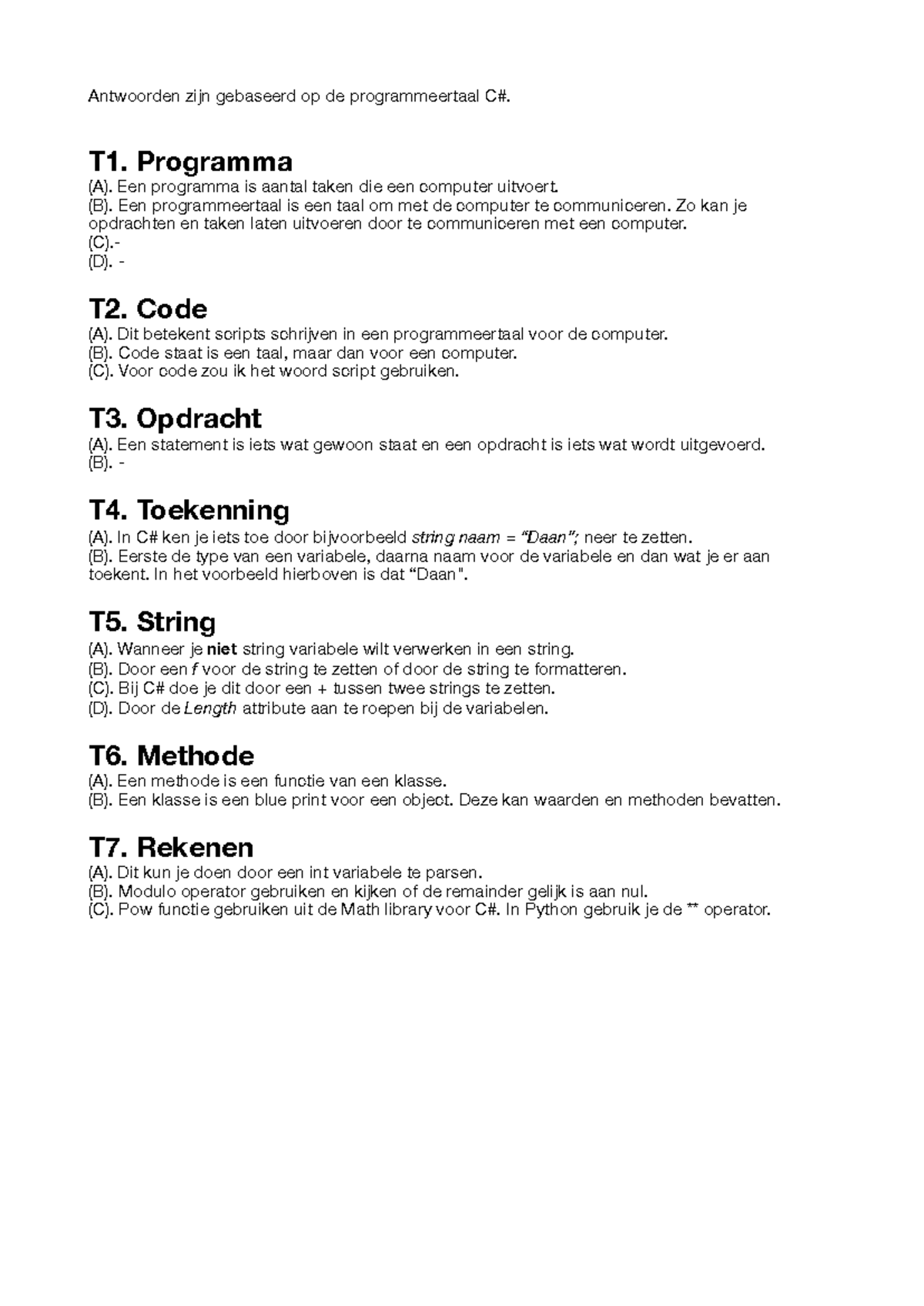 Antwoorden serie 0 - Antwoorden zijn gebaseerd op de programmeertaal C# ...