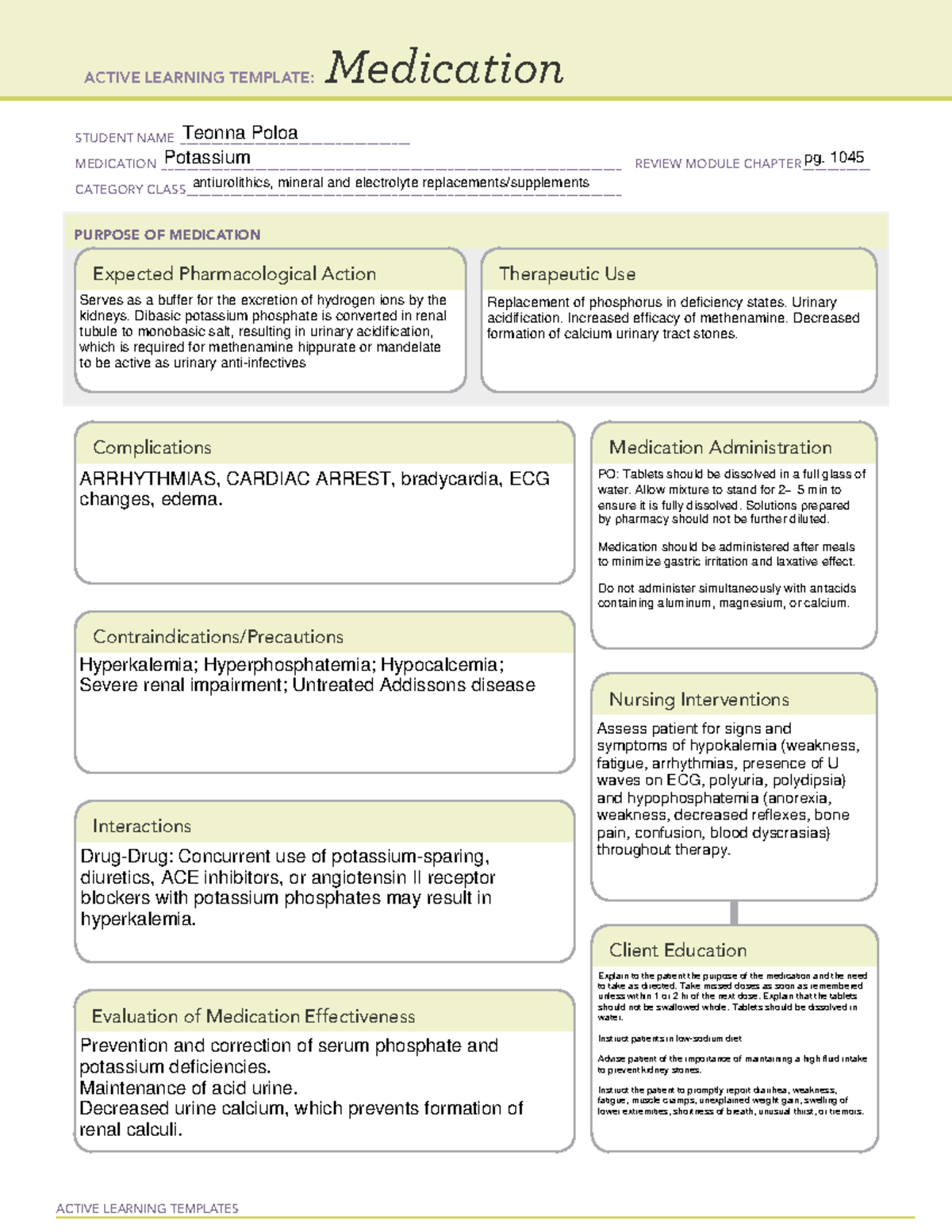 Medication Potassium - ACTIVE LEARNING TEMPLATES Medication STUDENT ...