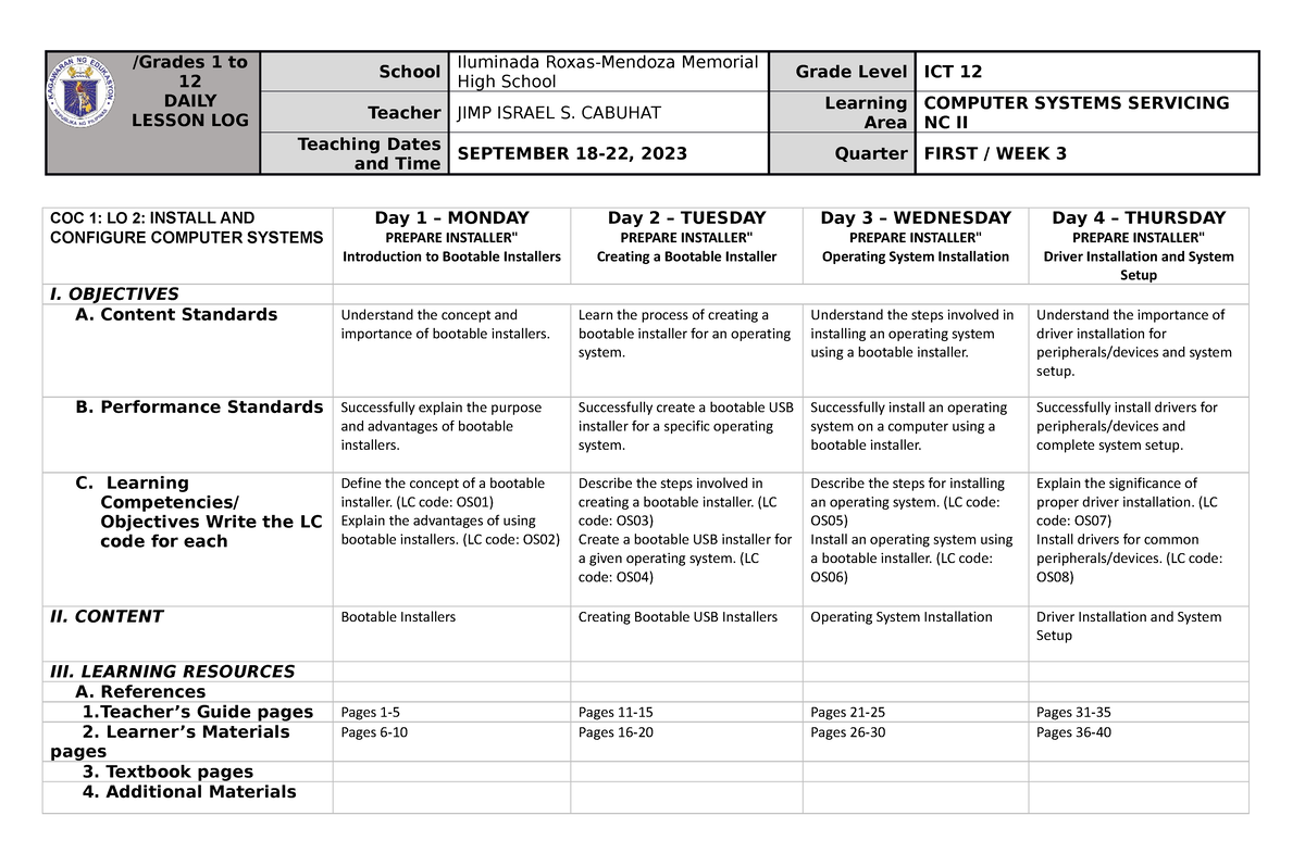 COC 1 LO 2 WEEK 3 ICT 12 September 18-22, 2023 - Prepare Installer AND ...