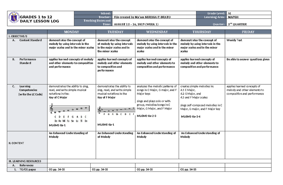 DLL Mapeh 6 Q2 W1 - DLL - GRADES 1 to 12 DAILY LESSON LOG School: Grade ...