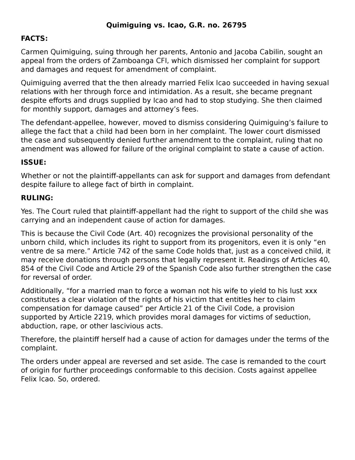 Quimiguing vs. Icao G.R - Quimiguing vs. Icao, G. no. 26795 FACTS ...