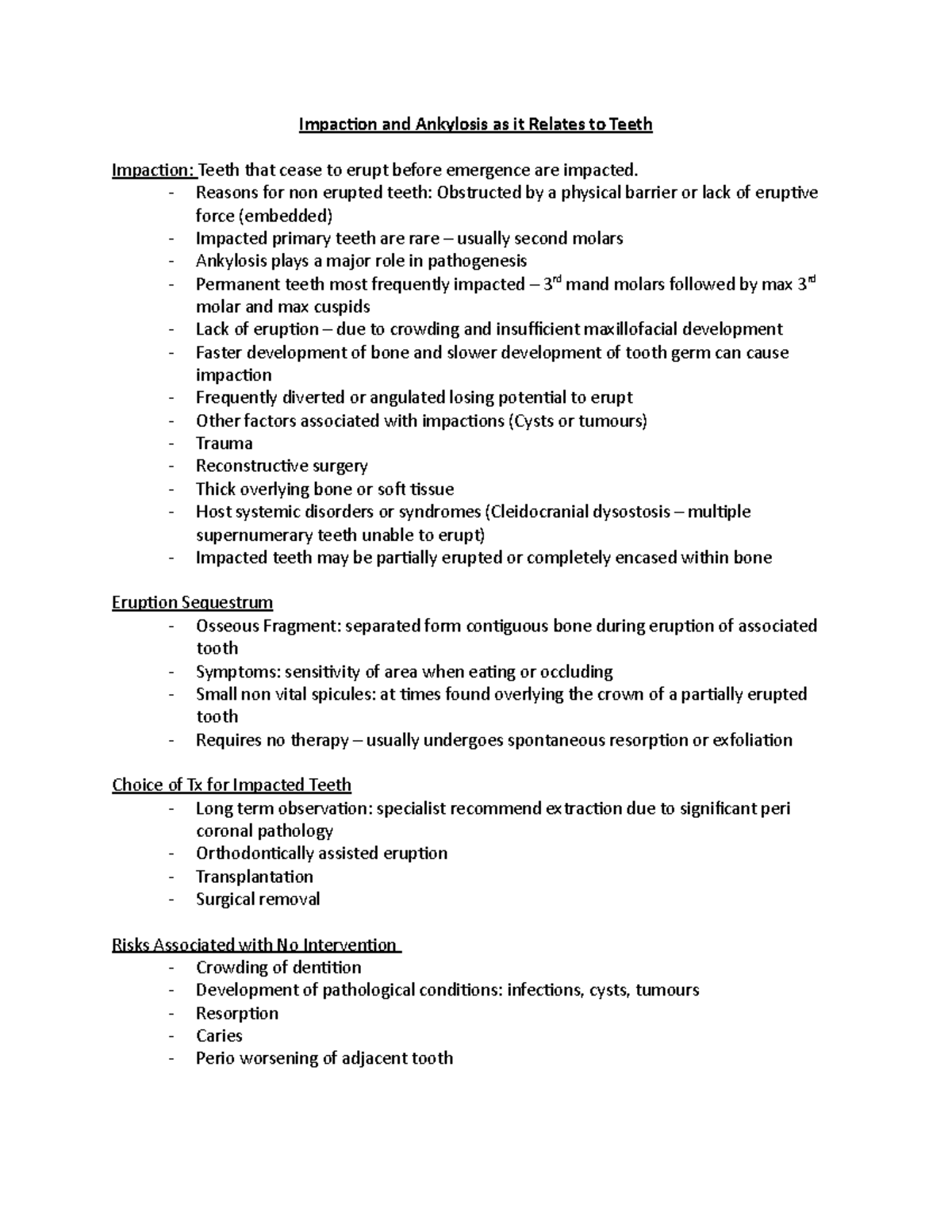 Oral Path test 2 review Impaction and Ankylosis as it Relates to