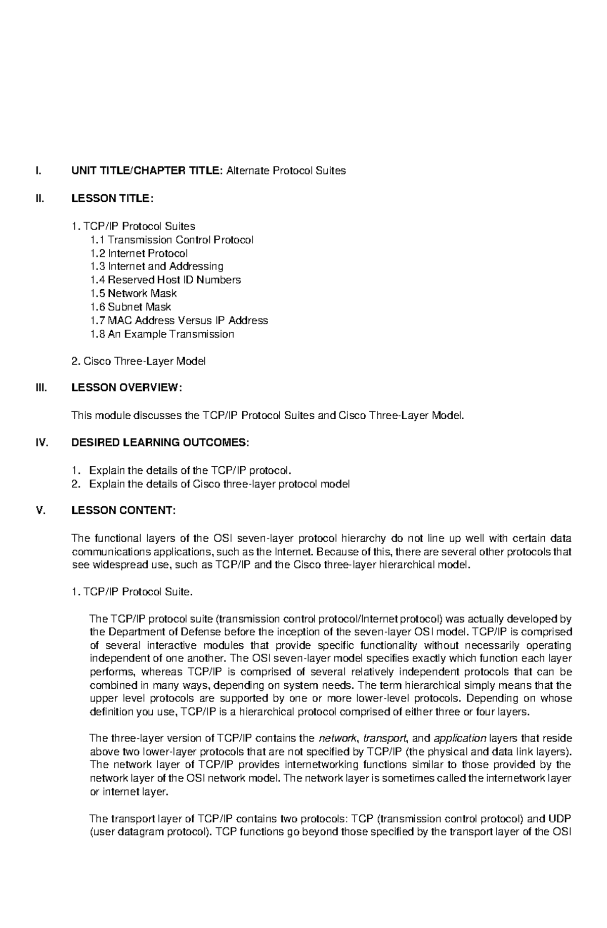 Data Communications - Lesson 5 - I. UNIT TITLE/CHAPTER TITLE: Alternate ...
