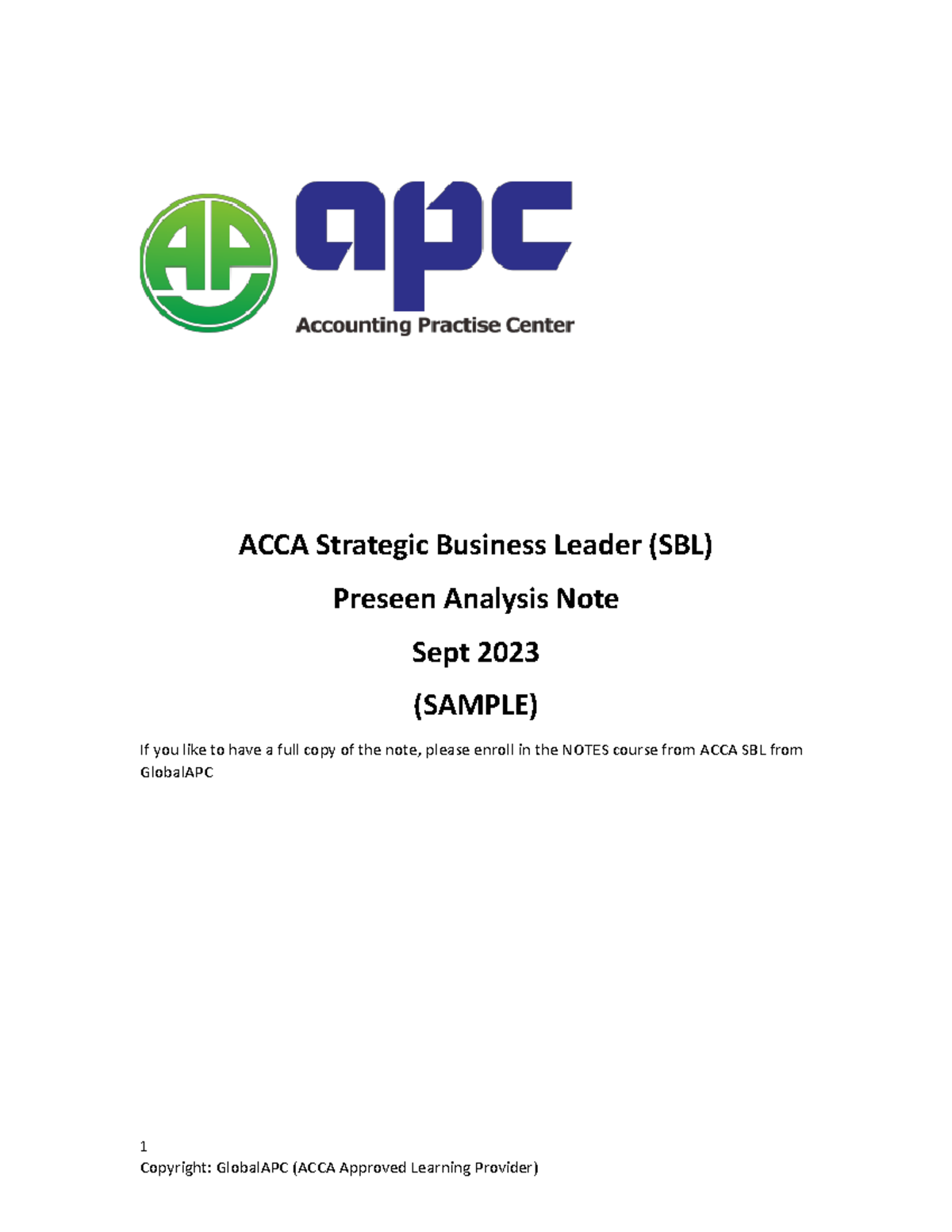 Sblsept 2023 Preseensample - 1 ACCA Strategic Business Leader (SBL ...
