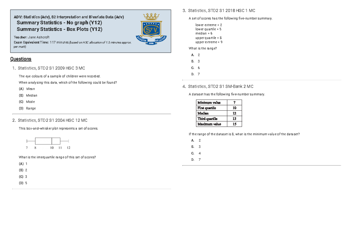 HSC questions Mathematics Advanced Statistics - 1. Statistics, STD2 S1 ...
