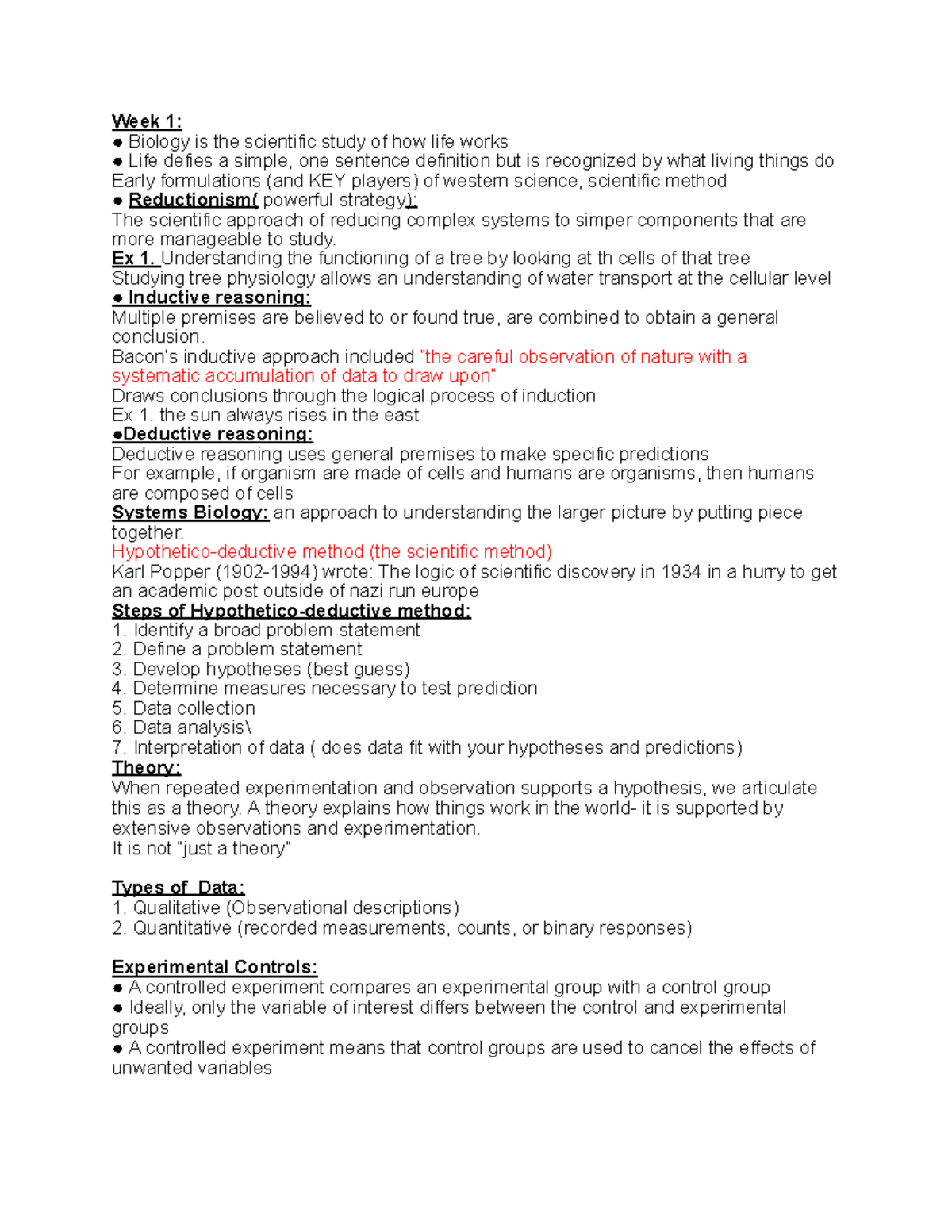 BIOL-1020 Week 1 - Lecture notes on Week 1 - Week 1: Biology is the ...