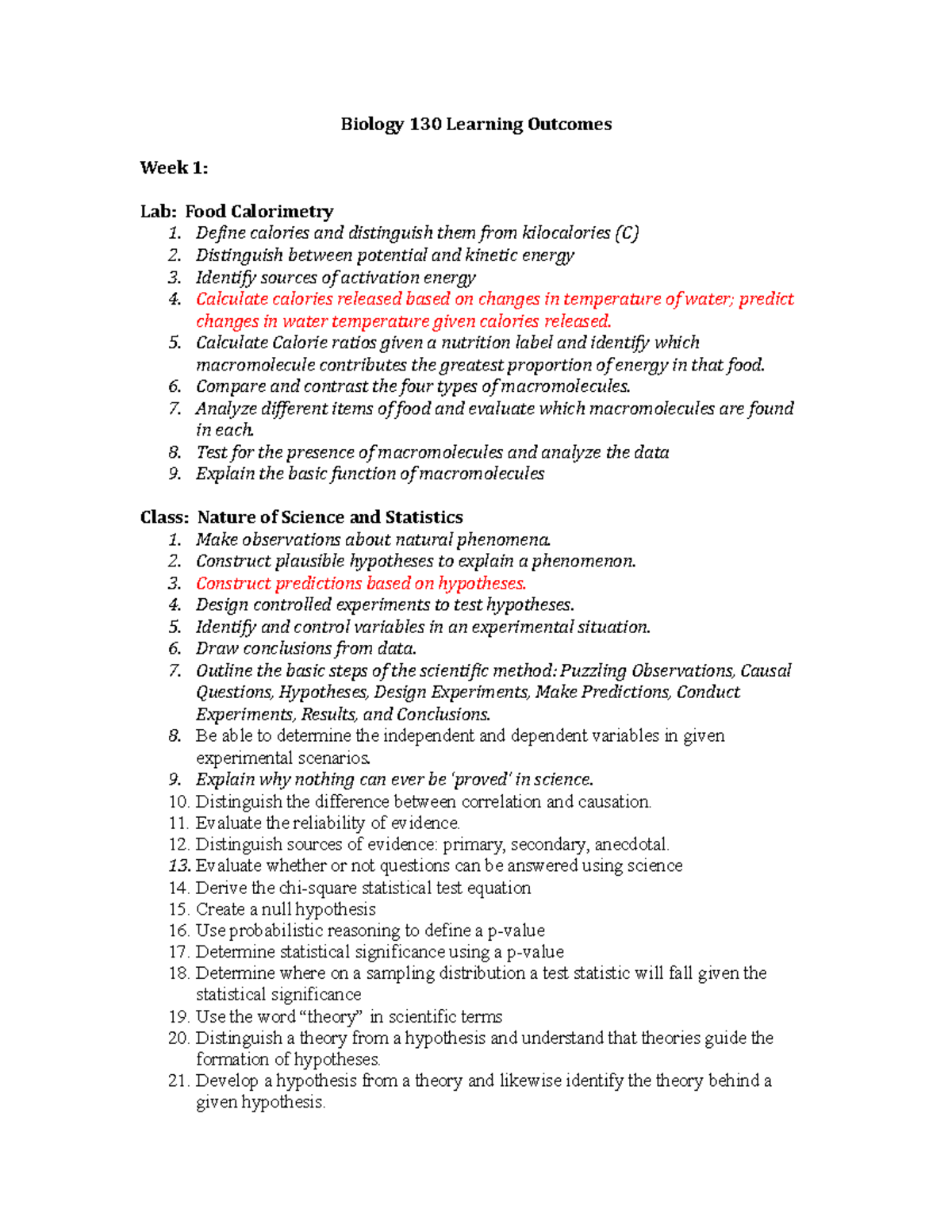 Biology 130 Learning Outcomes - Biology 130 Learning Outcomes Week 1 ...