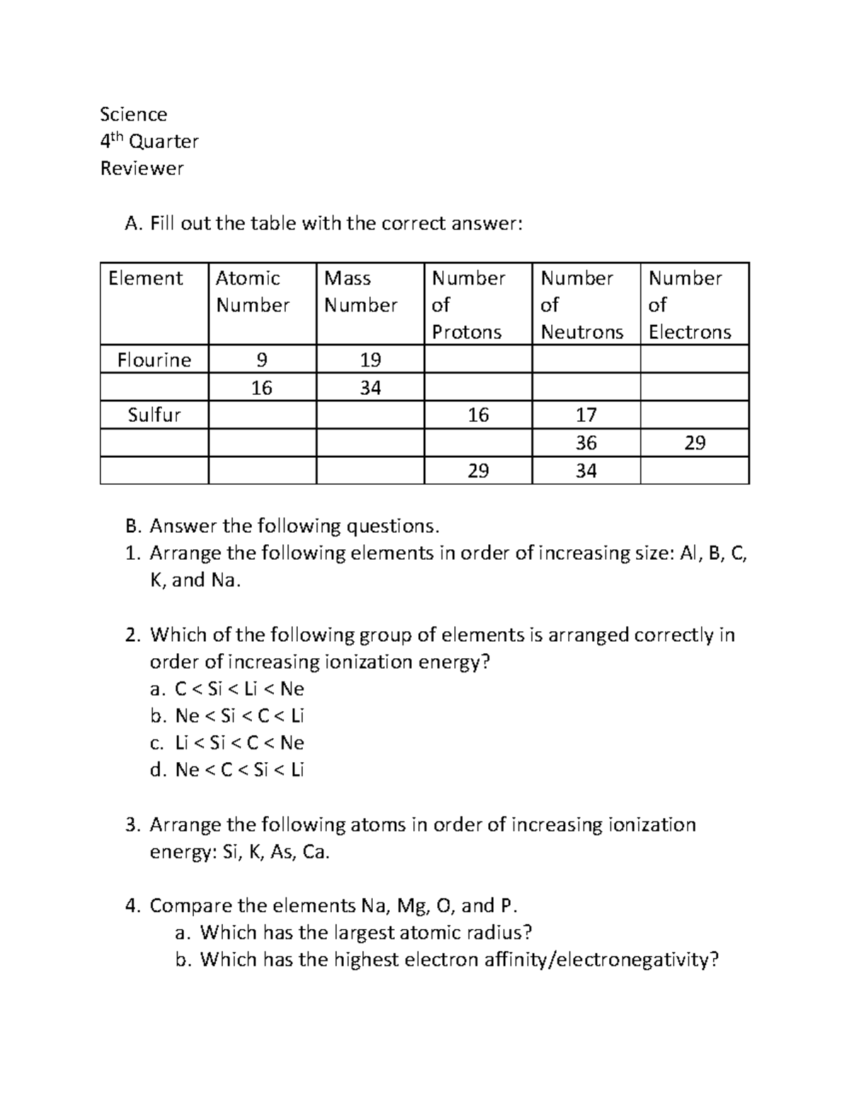 Science reviewer for 4th Q - Science 4th Quarter Reviewer A. Fill out ...