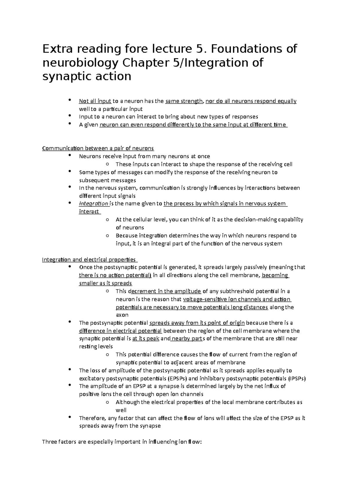 Extra reading for lecture 5 - Foundations of neurobiology Chapter 5 ...