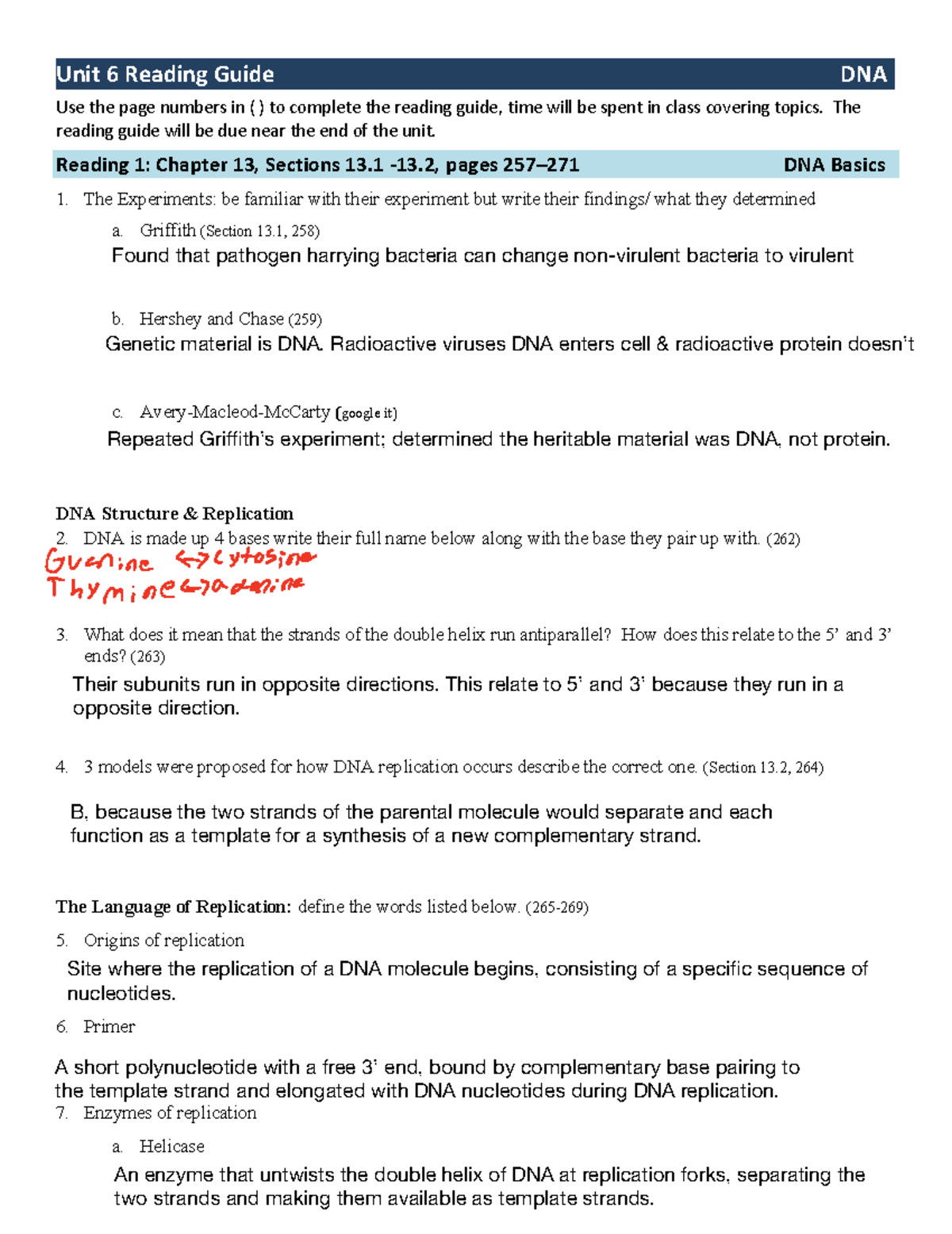 Unit 6 Reading Guide - It’s Good - Unit 6 Reading Guide DNA Use The ...