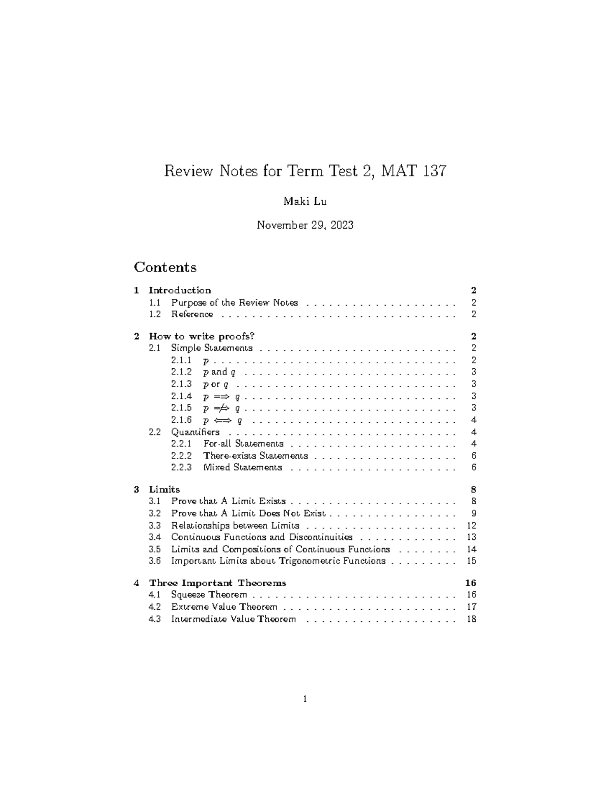 Review Notes for Term Test 2, MAT 137 Maki Lu Review Notes for Term