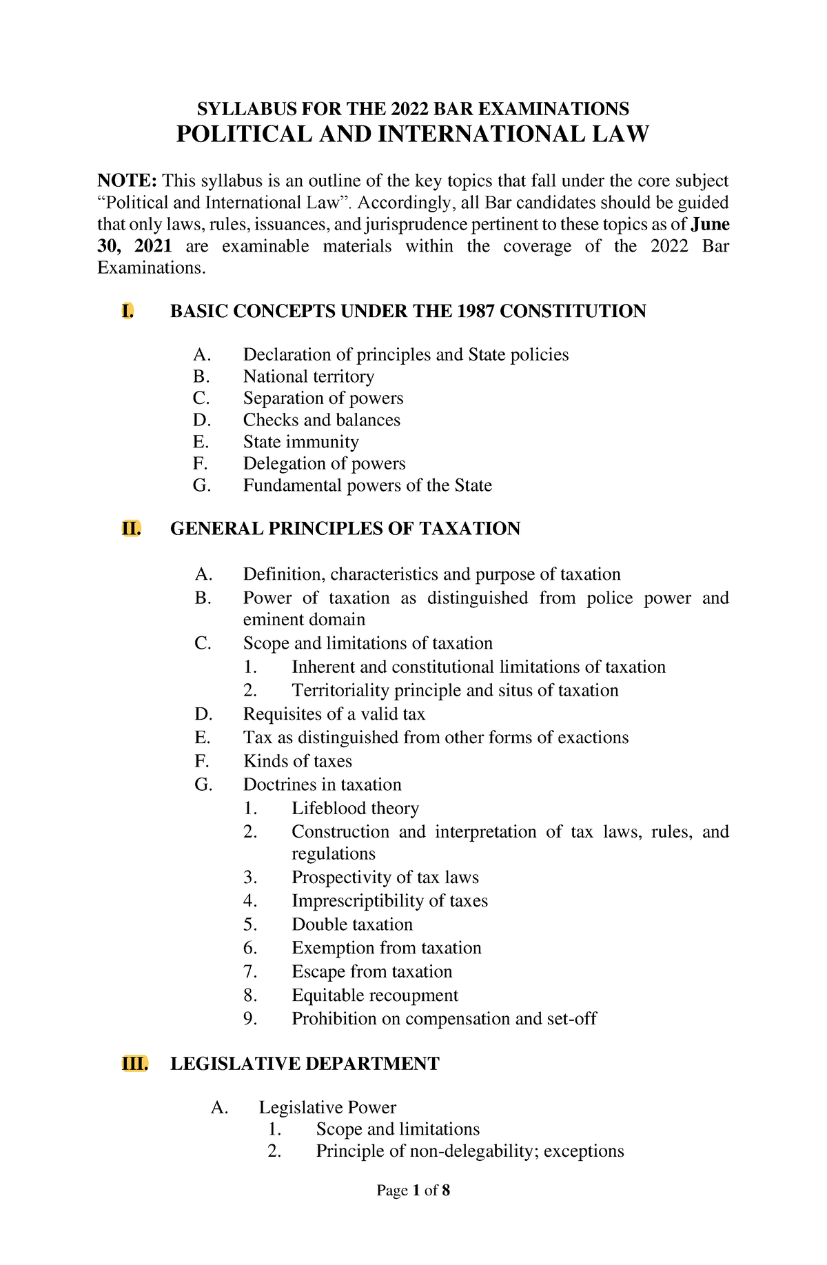 Political LAW Syllabus FOR THE 2022 BAR Examinations - SYLLABUS FOR THE ...