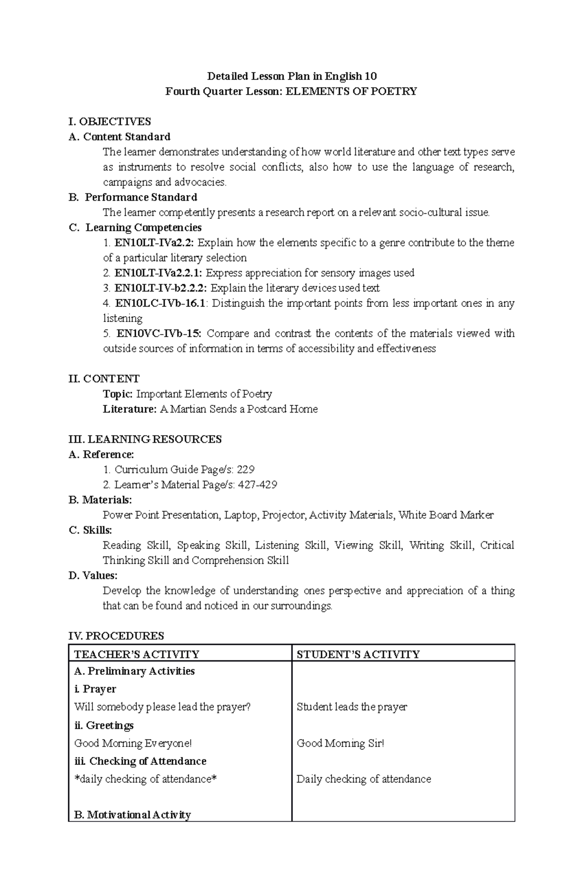 Elements Of A Poetry Detailed Lesson Plan In English 10 Fourth 