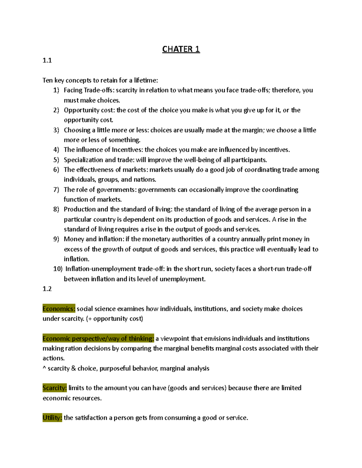 Econ Chapter 1-3 textbook/lecture notes - CHATER 1 1. Ten key concepts ...