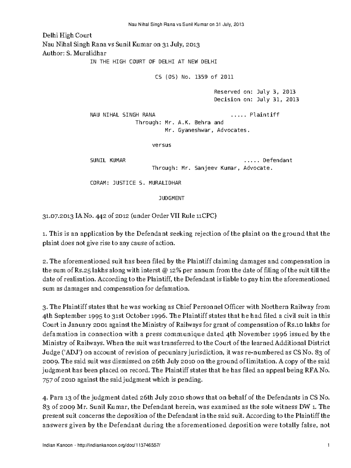 Nau Nihal Singh Rana vs Sunil Kumar on 31 July 2013 - Delhi High Court ...