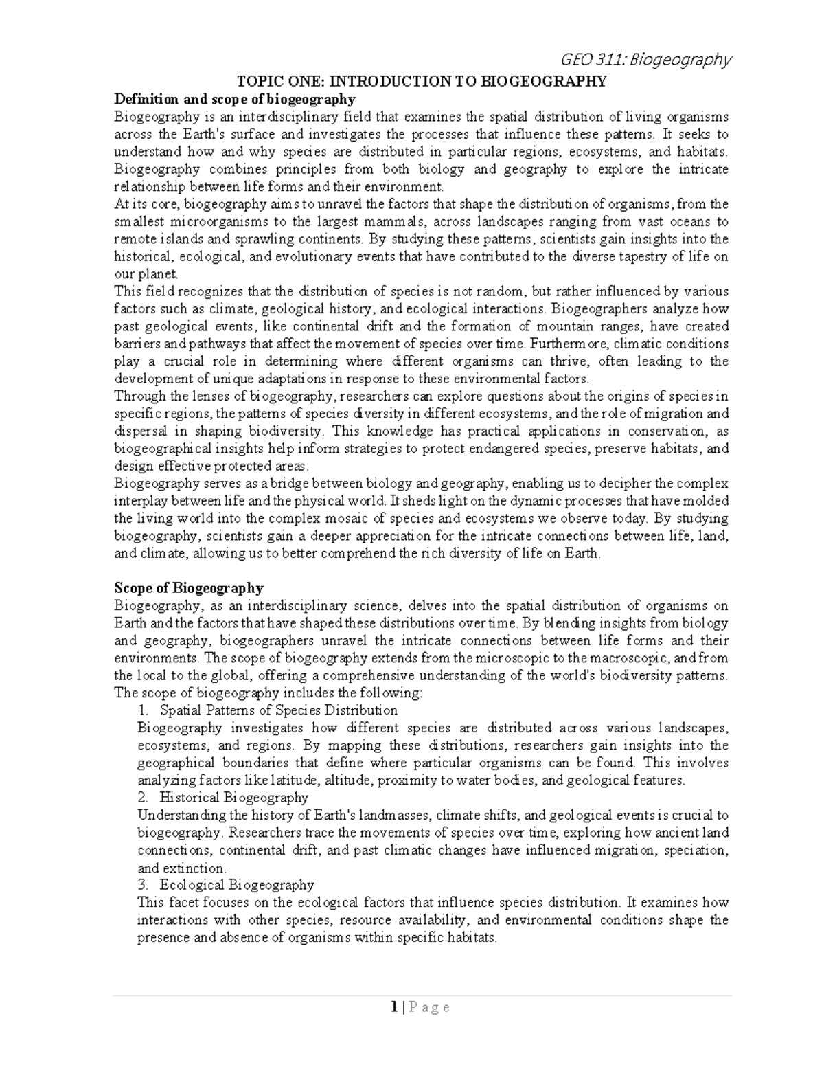 GEO 311 Chapter 1 - TOPIC ONE: INTRODUCTION TO BIOGEOGRAPHY Definition ...