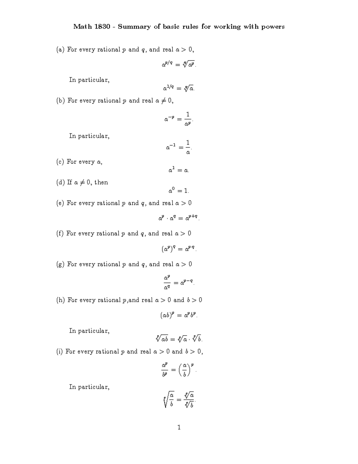 Rules for powers - Questions and Solutions! - Math 1830 - Summary of ...
