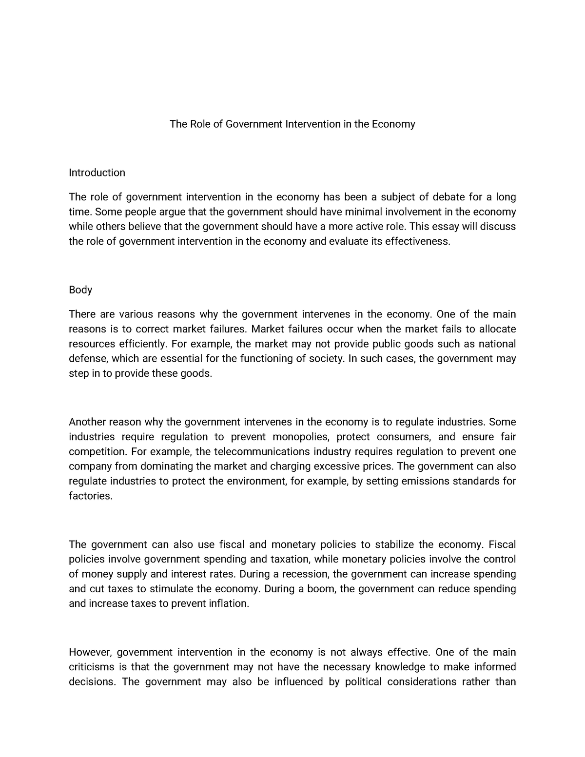 government intervention in the economy essay
