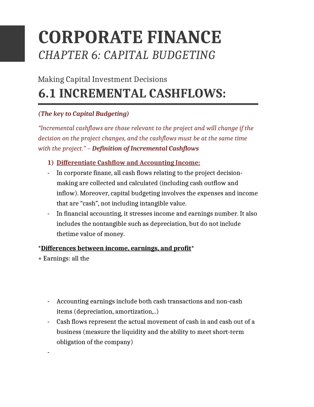 NOTE chapter 6 - CORPORATE FINANCE CHAPTER 6: CAPITAL BUDGETING Making ...