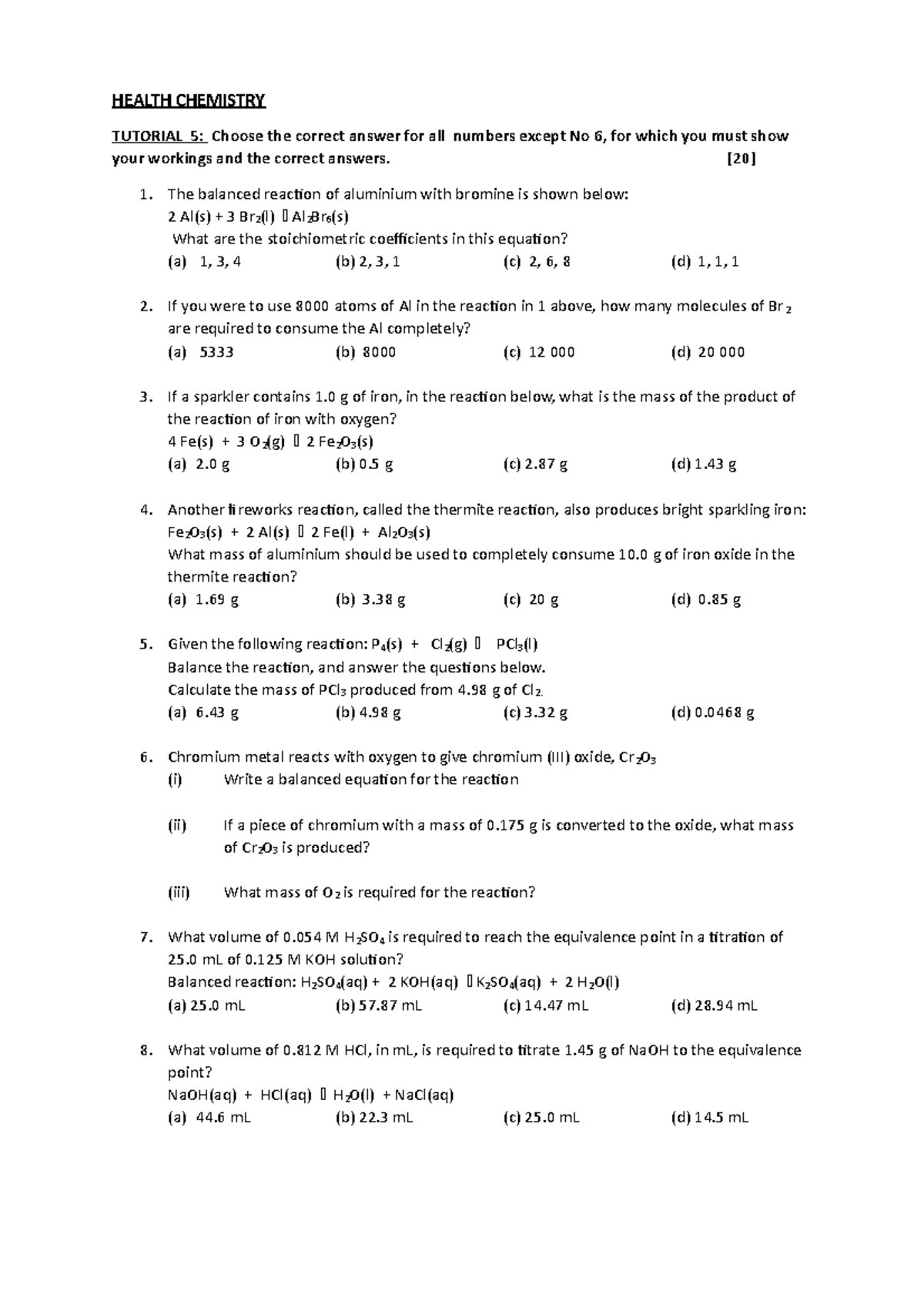 health chemistry - HEALTH CHEMISTRY TUTORIAL 5: Choose the correct ...