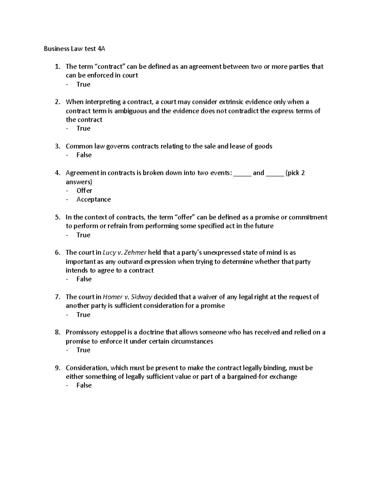 Business Law test 4A Professor Marc Stewart Exam 4 Questions + Answers Business Law test 4A