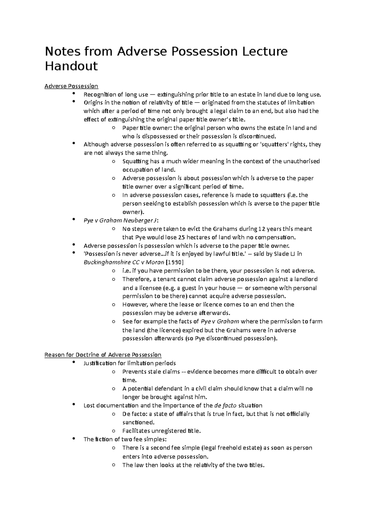 Notes from Adverse Possession Lecture Handout - Notes from Adverse ...